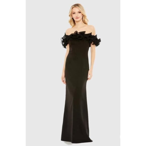 Ieena 4 Mac Duggal Off the Shoulder Ruffle Detail Column Gown Black 4 NWT 49643 - Picture 1 of 15